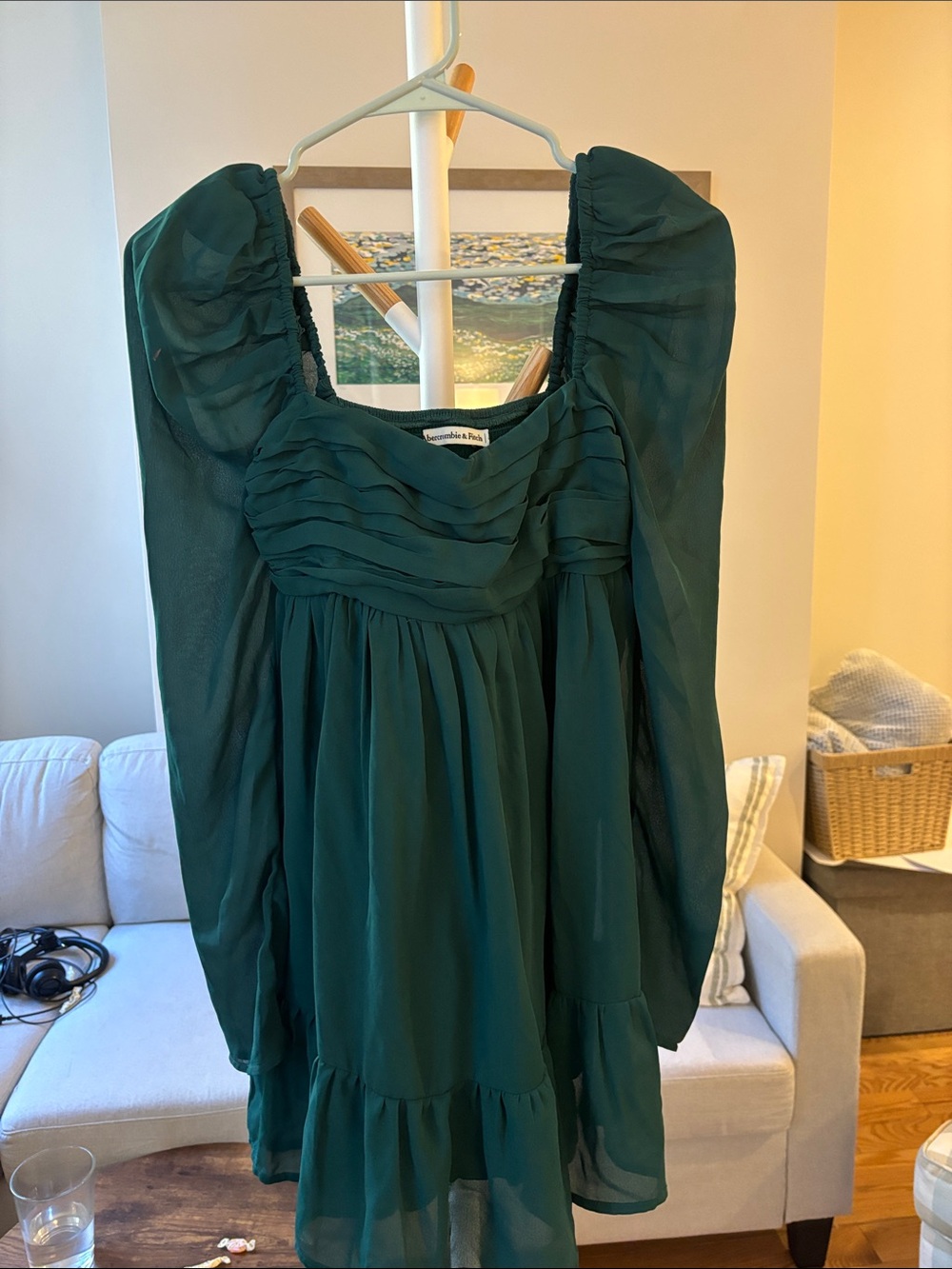 Abercrombie & Fitch Dark Teal Puff-Sleeve Mini Dress